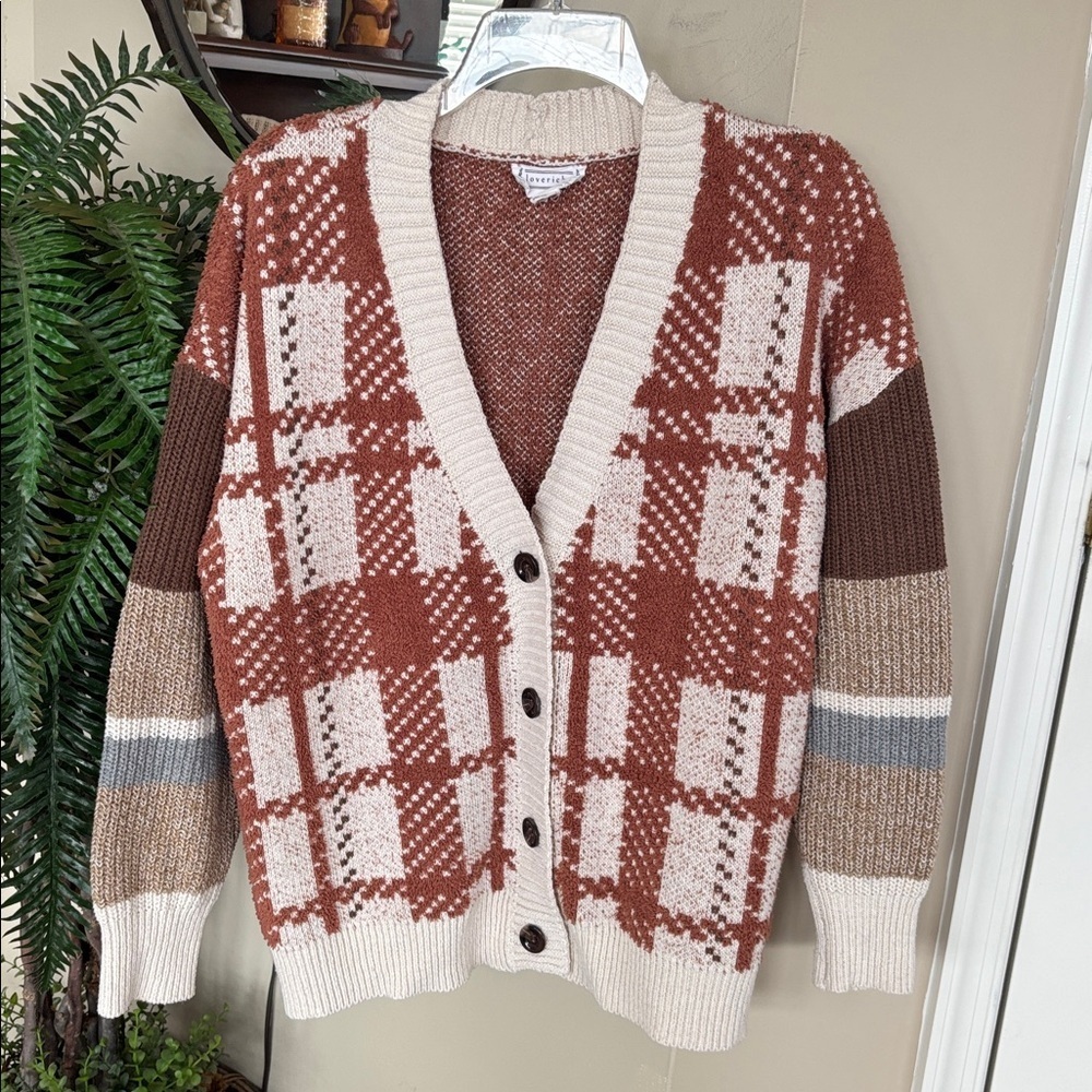 Love Riche Cozy Chic Mixed Knitted Rust Oversized Cardigan Button Down Plaid - Picture 5 of 12
